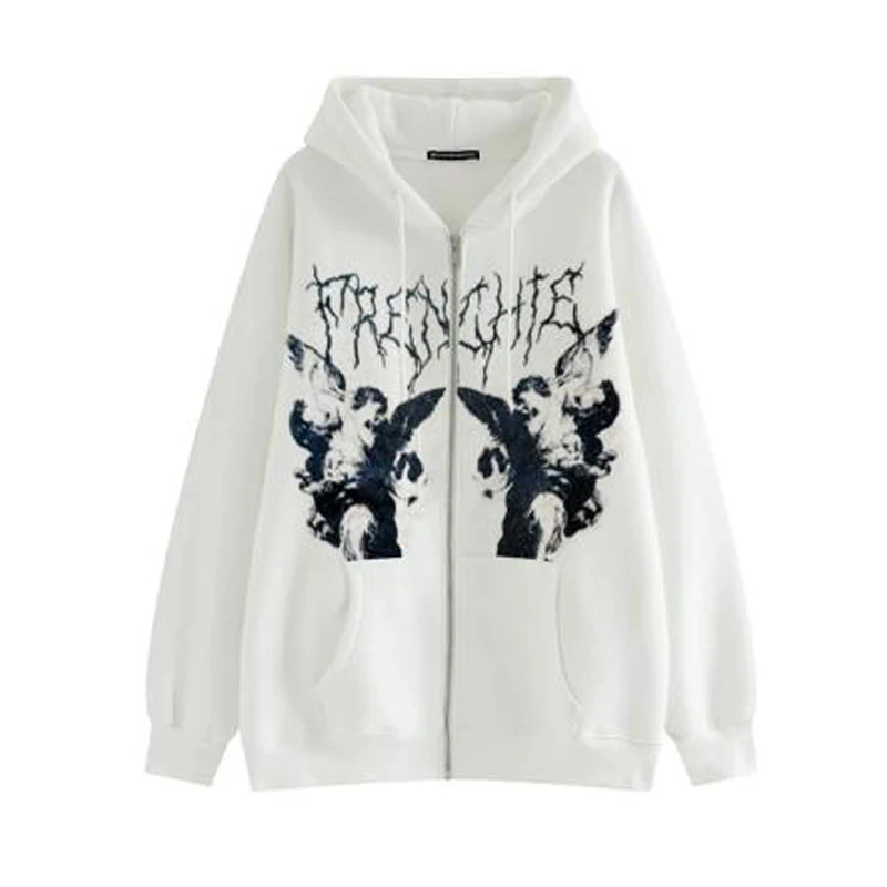 Vintage Angel Print Oversized Hoodies Women Zip Up Long Sleeve Pocket Loose Sweatshirt Y2K Aesthetic Autumn Gothic Streetwear