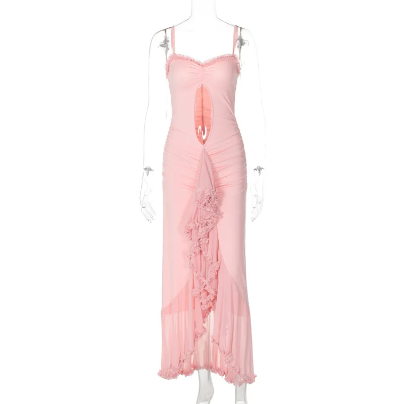 Sexy Hollow Suspender Maxi Dress For Women Mesh Lace Patchwork Irregular Solid Sleeveless Slim Spaghetti Strap Dress Woman