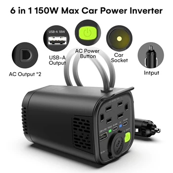 150W Car Power Inverter 12V DC to 110V AC With 2 AC Outlets, 1 18W USB-A Port and Dual 30W PD Fast Car Charger 1