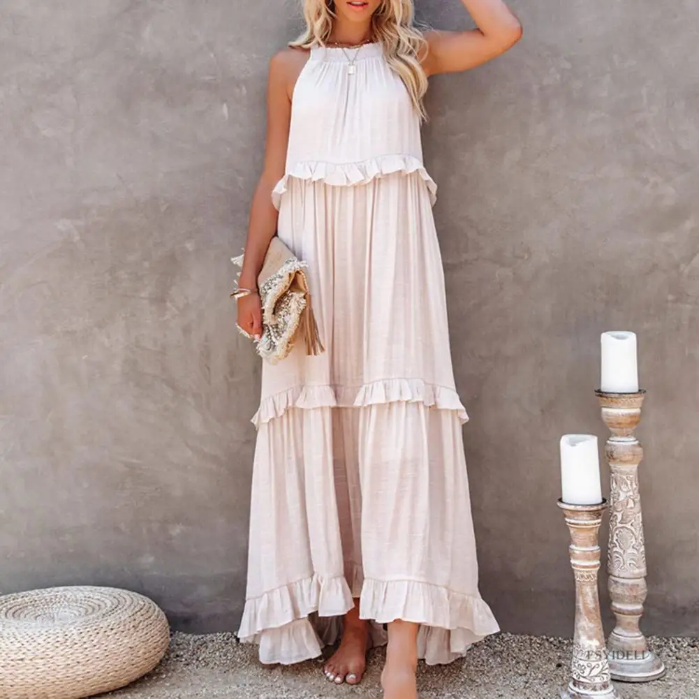 

Women Vacation Dress Ruffle Off Shoulder Sleeveless Halter Neck Patchwork A-line Loose Pleated Side Pockets Sundress