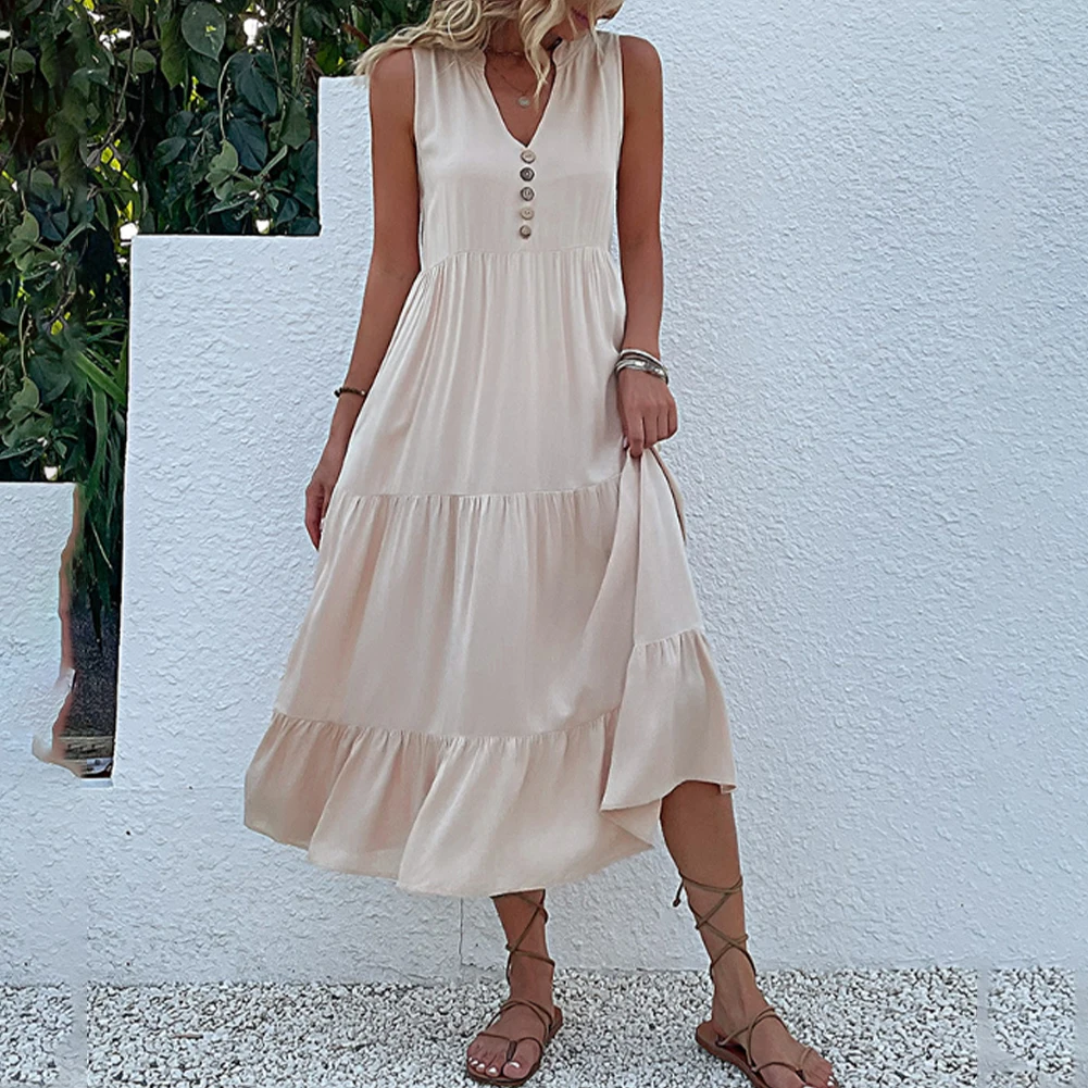 

Bohemian Style Women's Sleeveless Dress in Solid Colors Loose Fitting and A Line Cut for Beach and Casual Wear