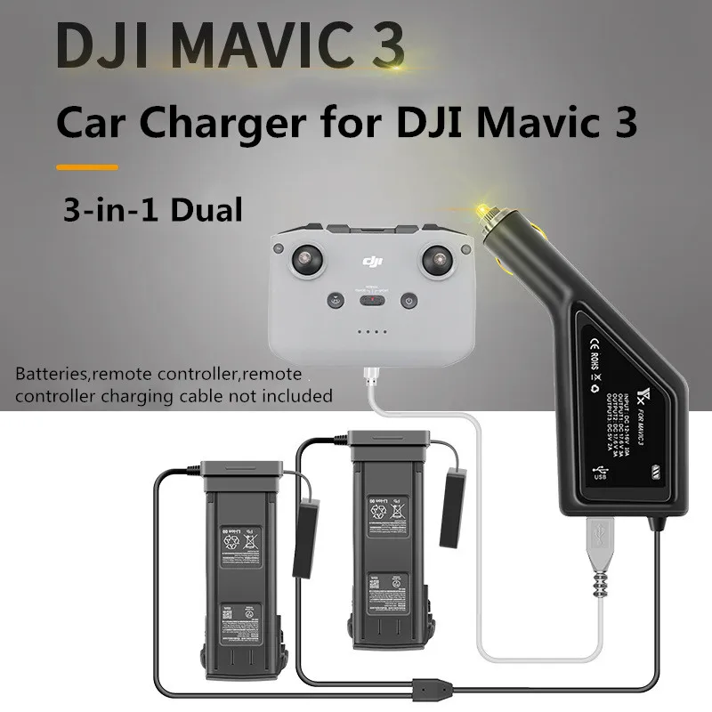 Mavic 3 2 Car Charger 3 in 1 Dual Battery Remote Charger with USB Port