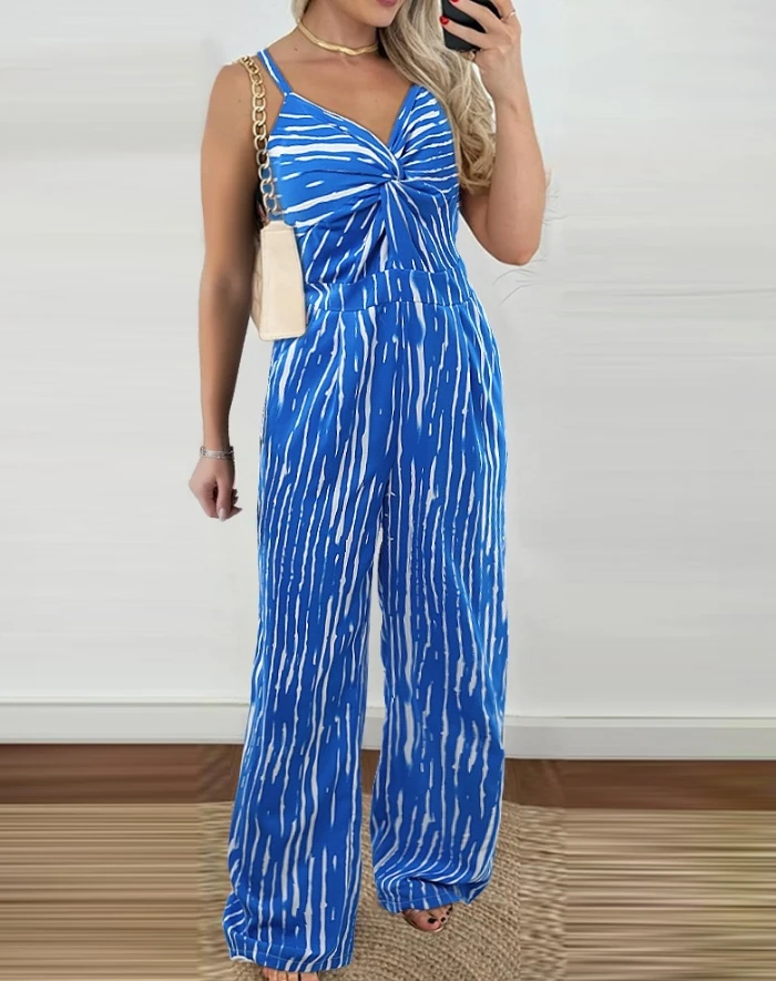 Women's Commuter Jumpsuit 2024 Summer Latest Casual V-Neck Spaghetti Striped Pocket Twisted Vacation Wide Leg Romper Bodysuit