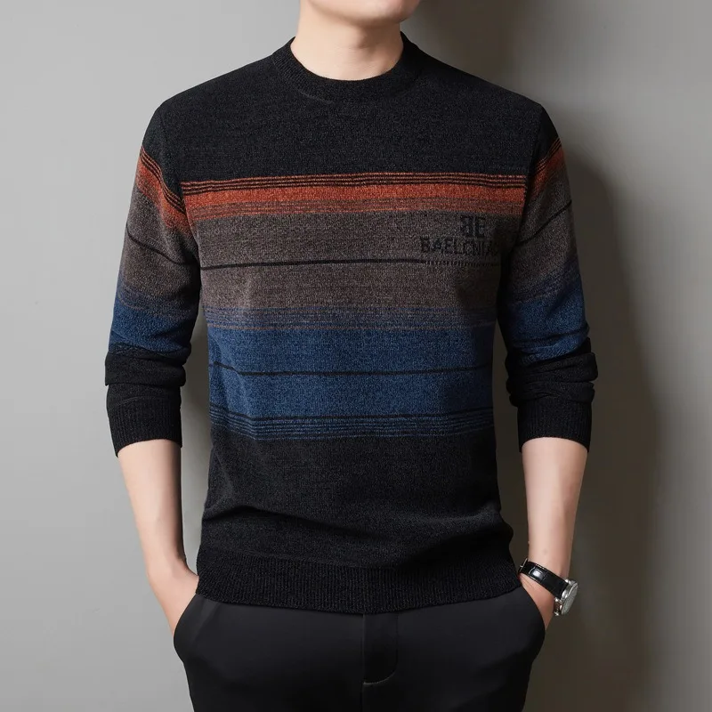 

2023 Autumn and Winter New Men's Sweater Contrast Stripe Pullover with Plush and Thickened Chenille Round Neck Sweater Knit Top