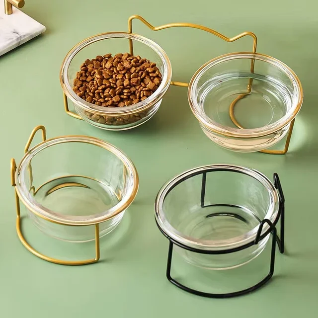 2x300ml Double Glass Cat Dog Bowl Puppy Food Bowl with Iron Frame Gold Stand Raised Water Feeder Bowl Pet Supplies Accessories 2x300ml Double Glass Cat Dog Bowl Puppy Food Bowl with Iron Frame Gold Stand Raised Water Feeder Bowl Pet Supplies Accessories