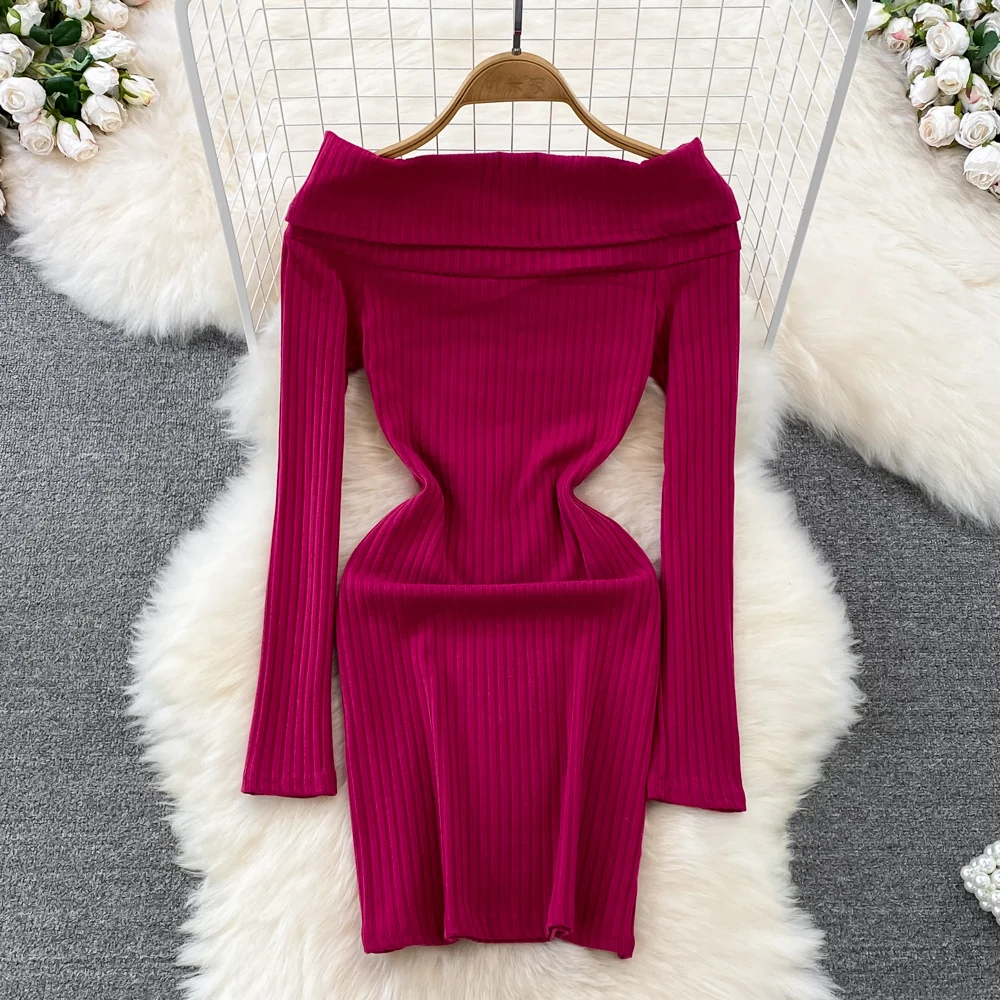 

Autumn American Retro Temperament One-shoulder Off-the-shoulder Ruffled Waistband Thin Bag Hip Bottoming Dress Female