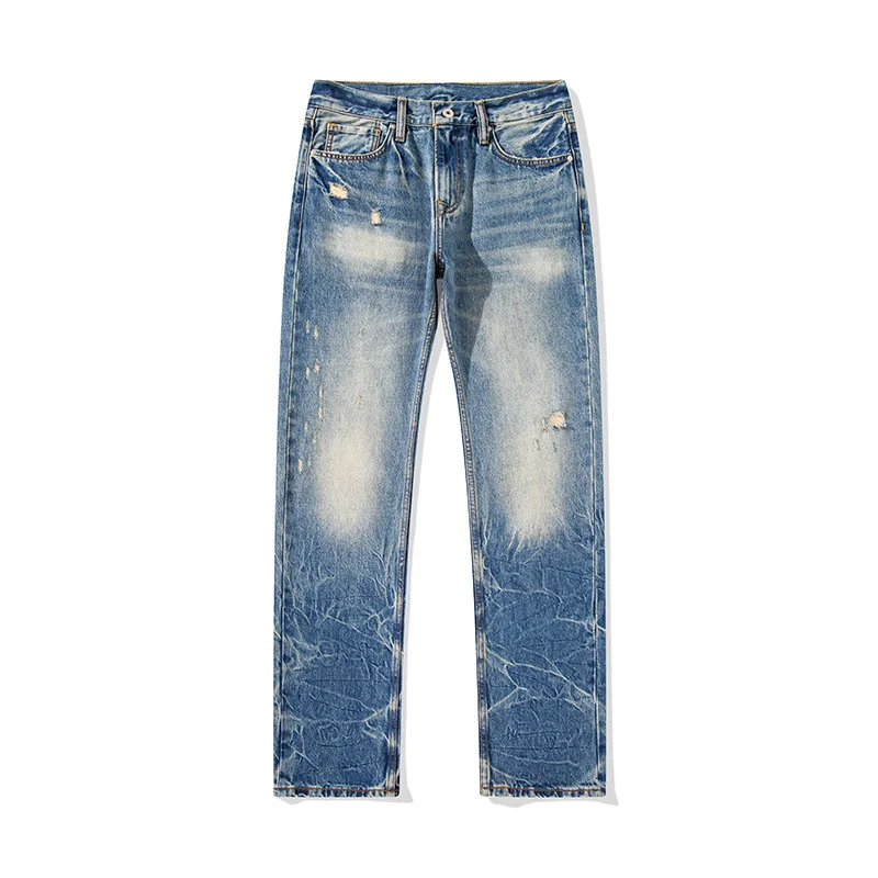 

Men's Washed Light Indigo Distressed Vintage Raw Denim Heavy Thick Baggy Straight Leg Moustache Painted Loose Denim Jeans