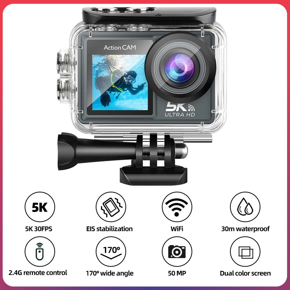 듀얼 IPS 터치 LCD EIS 손떨림 방지 와이파이, 5K 액션 카메라, 5 배 줌 스포츠 카메라, 리모컨 포함, 4K 60FPS, 170 ° 30M 방수