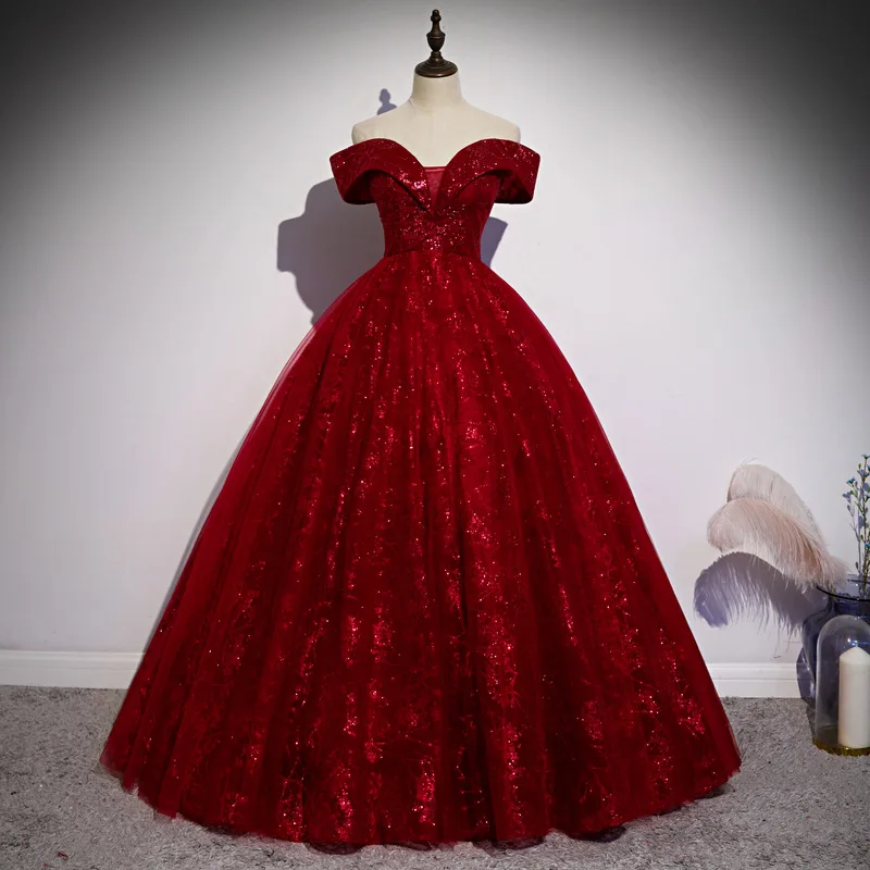 Red Evening Dress New Off The Shoulder Classic Elegant Ball Gown Sleeveless Sequined Tulle Banquet Shinning Host Customized party dress