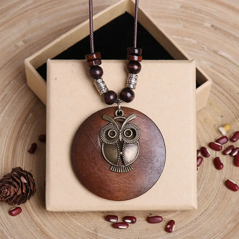 Vintage Wooden Owl Pendant Necklace - Ethnic Long Chain Jewelry