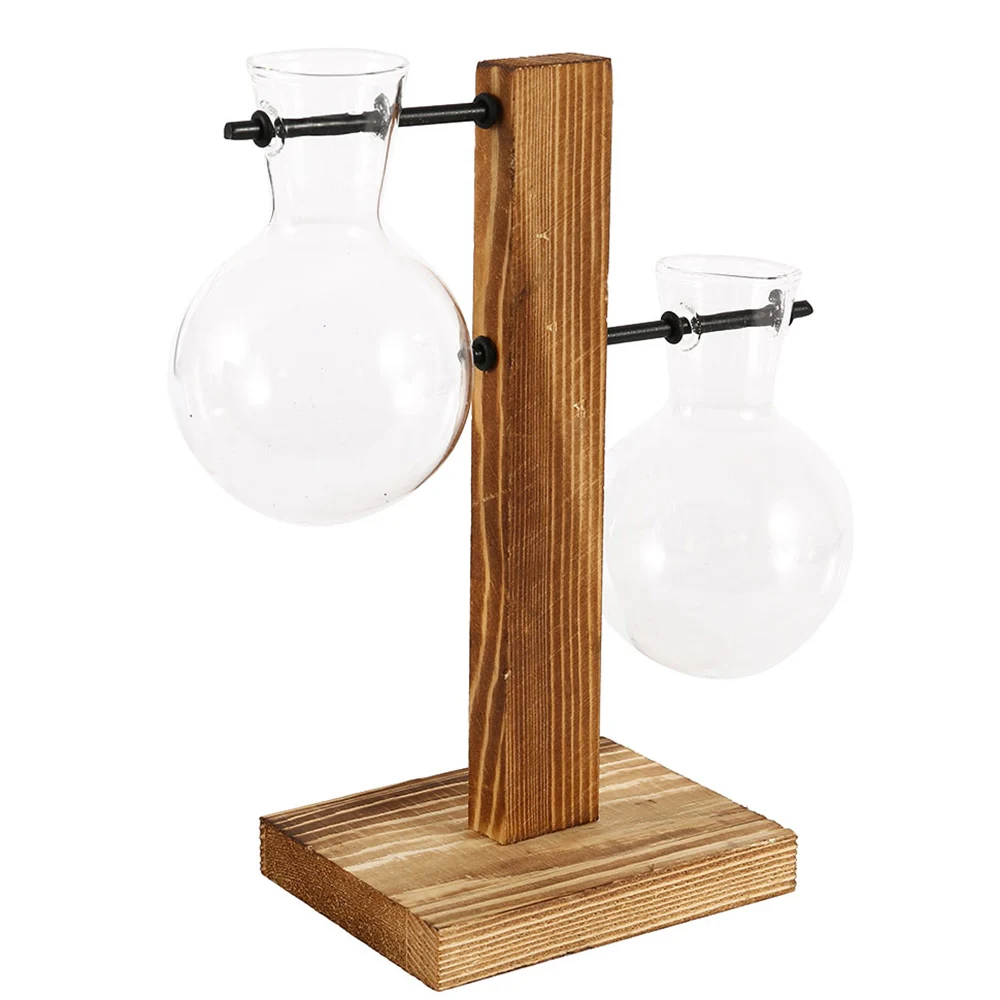 Glass Desktop Planter Bulb Vase Wooden Stand Hydroponic Plant Container Decor Living Room Office Plant Propagation Station