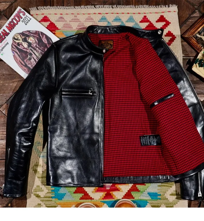 Italian Horsehide Jacket Stand Collar Short Slim Motorcycle Leather Coat Vintage men leather jacket women leather jacket