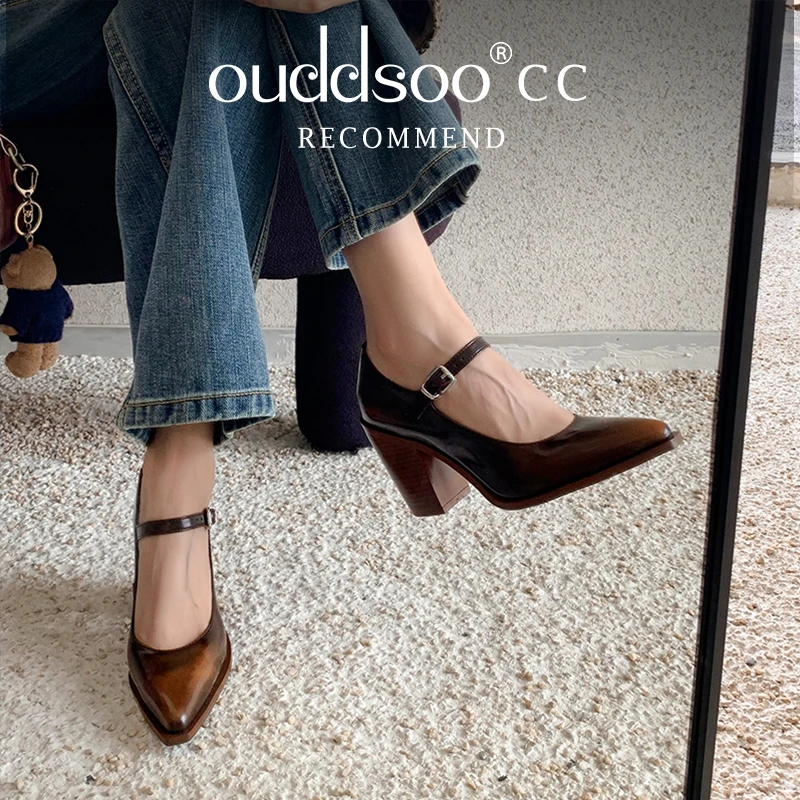 Ods Pumps High Quality Genuine Leather High Heels Mary Jane Shoes Women's Heels Leather Shoes Women  Strap Pointed Toe Flats 42 6