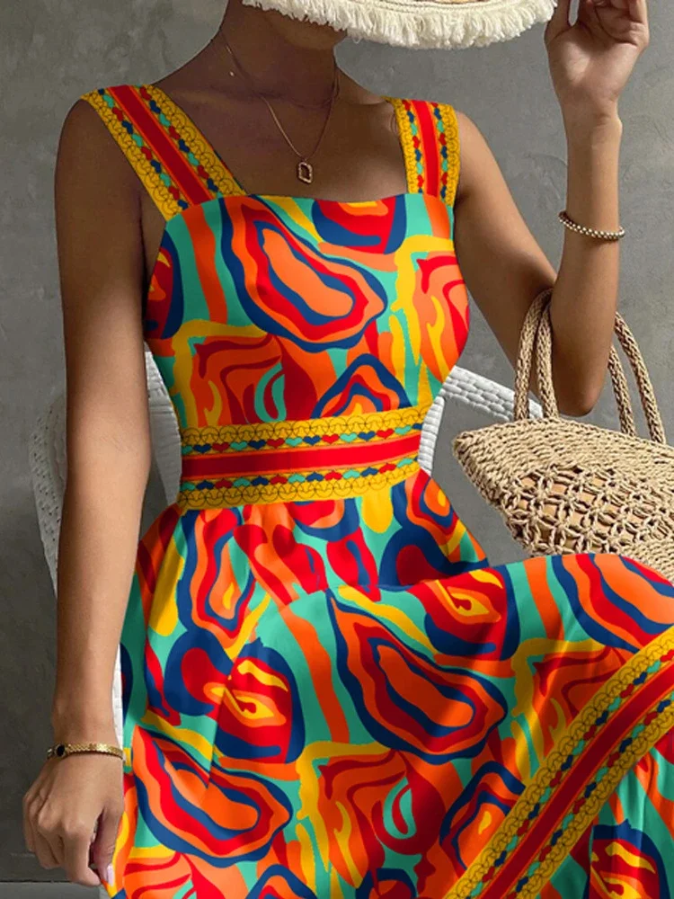 2025, Sommerkleider für Damen, mehrfarbig, abstrakter Herzdruck, Patchwork, ärmellos, Maxikleid, lässig, elegant, Robe weiblich