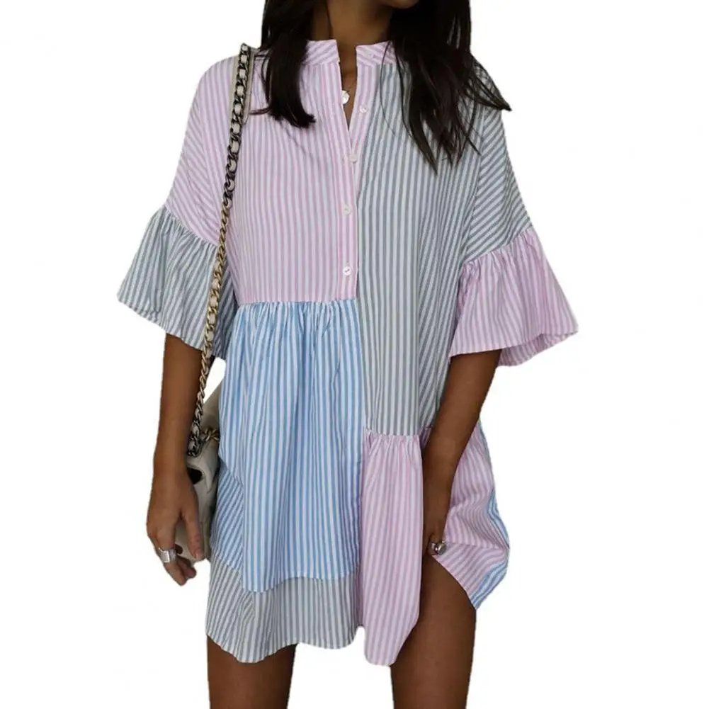 

Dress Elegant Striped Colorblock A-line Dress with Pleated Hem for Women for Work Date Nights Summer Parties Patchwork Hem Dress