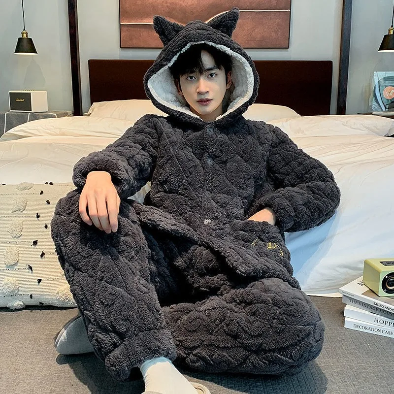 Men Pajamas Coral Velvet Autumn Winter Pyjamas Three Layers Laminated Cotton Thickened Home Wear Set Simple Large Size Sleepwear