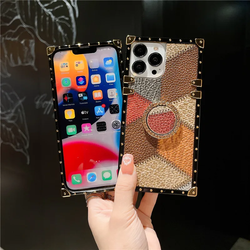 Fashion Square Leather Phone Case For iPhone 11 12 Pro Max XS MAX XR 7 8  Plus SE Luxury Geometric cover For Samsung S20 21 Coque