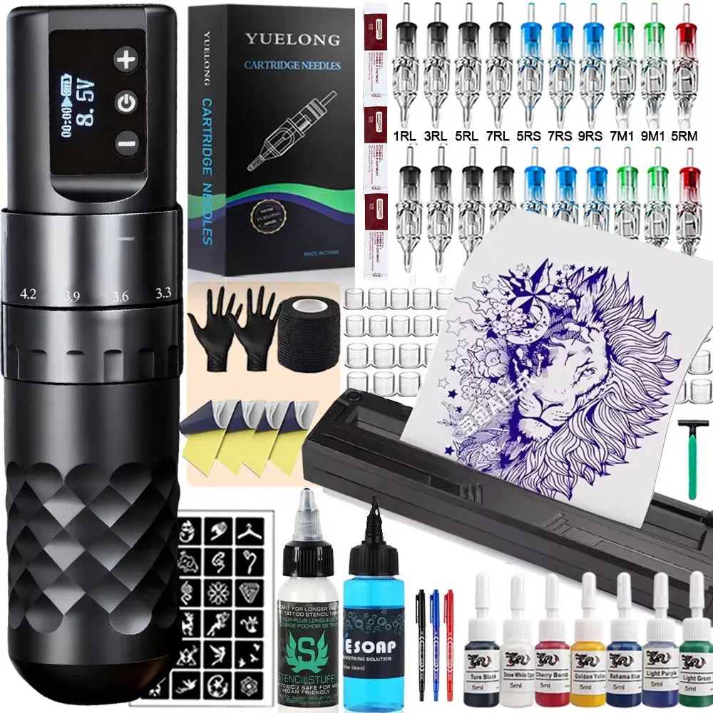 Kit completo di penne per tatuaggi wireless Macchina per tatuaggi regolabile a 7 tempi con set di inchiostri per stampante a trasferimento Kit per tatuaggi per trucco permanente