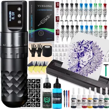 Kit completo di penne per tatuaggi wireless Macchina per tatuaggi regolabile a 7 tempi con set di inchiostri per stampante a trasferimento Kit per tatuaggi per trucco permanente