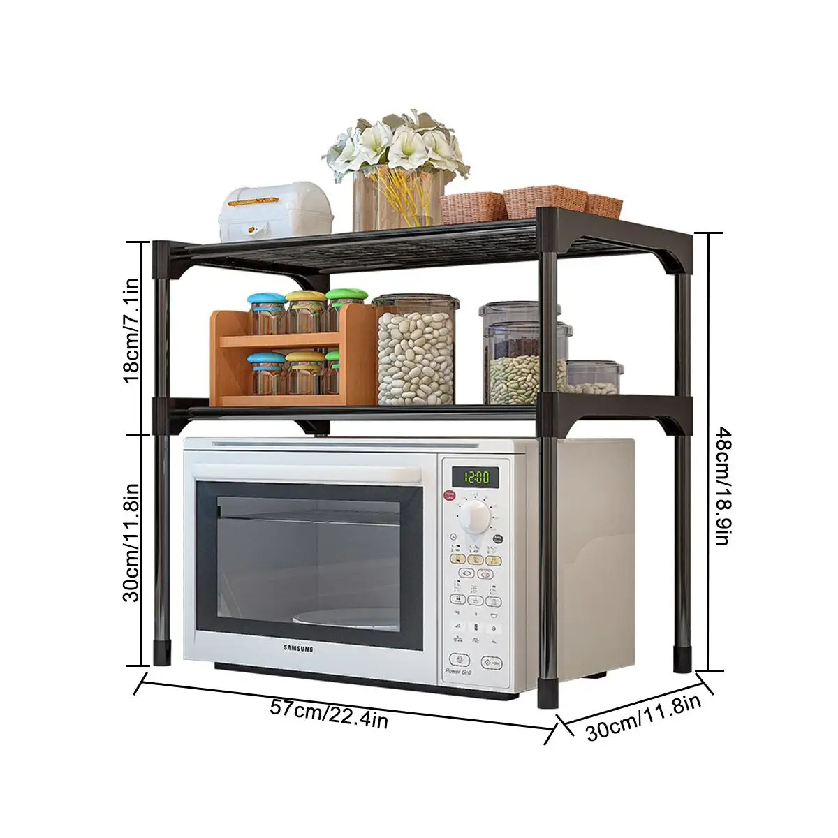 APETX Étagère Micro-ondes Murale Inox 2 Niveaux Avec 6 Crochets - Charge 30kg - Organiseur Cuisine Rangement Mural Cuisine