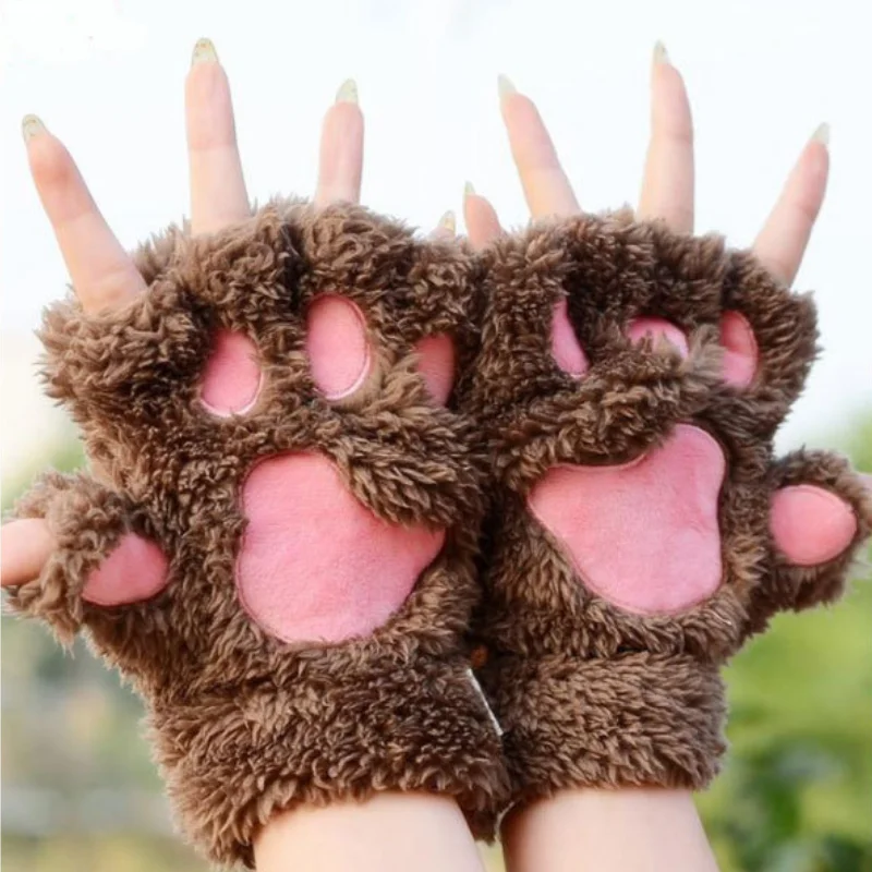Lovely Plush Cat Claw Paw Gloves Plush Mittens Warm Plush Soft Short Fingerless Fluffy Bear Gloves Costume Half Finger Gloves