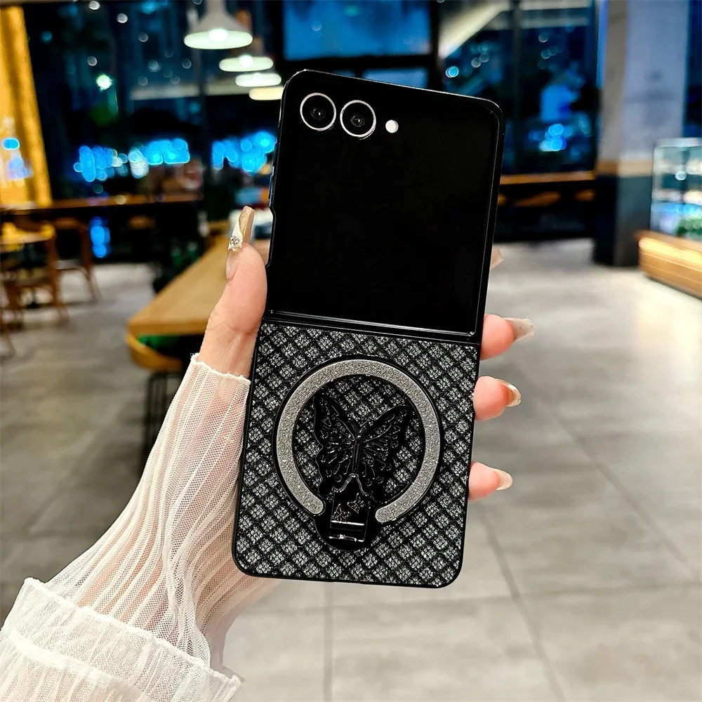 Luxury Leather Cartoon Butterfly Bracket Protective Flash Phone Case