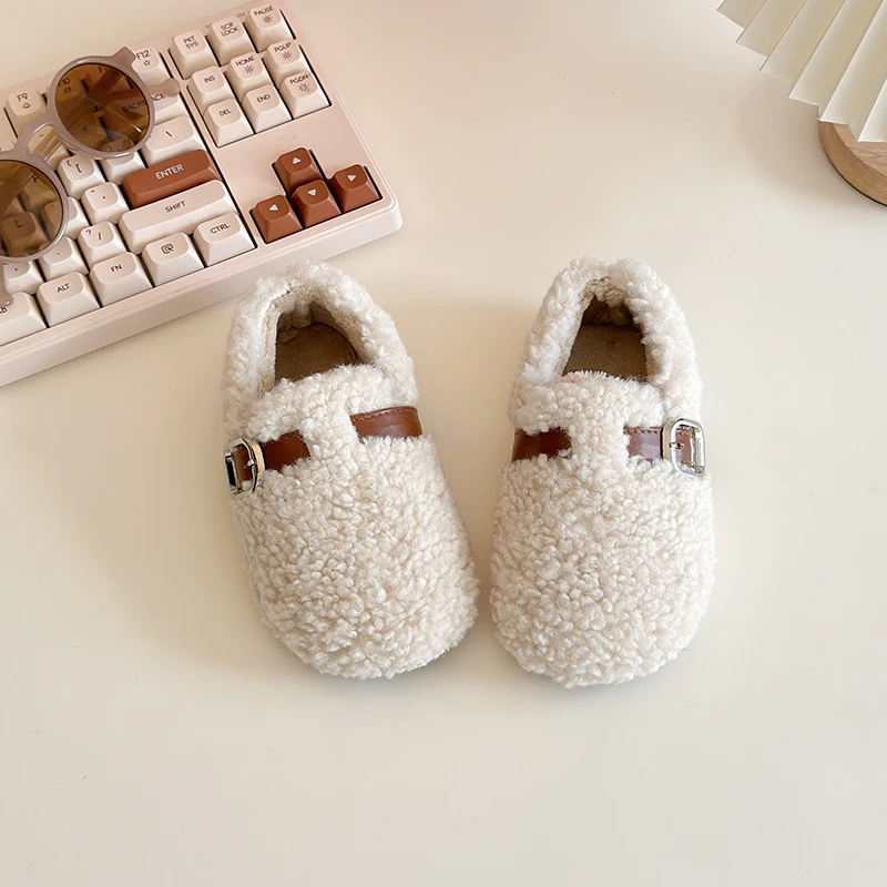 Girls Furry Winter Shoes Solid Color Flats Warm Non Slip