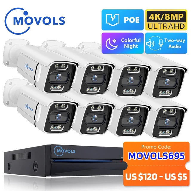 MOVOLS 8CH 5MP 8MP sistema di telecamere di sicurezza POE Kit Audio bidirezionale NVR CCTV telecamera IP esterna da 5mp H.265 Set di videosorveglianza P2P 1