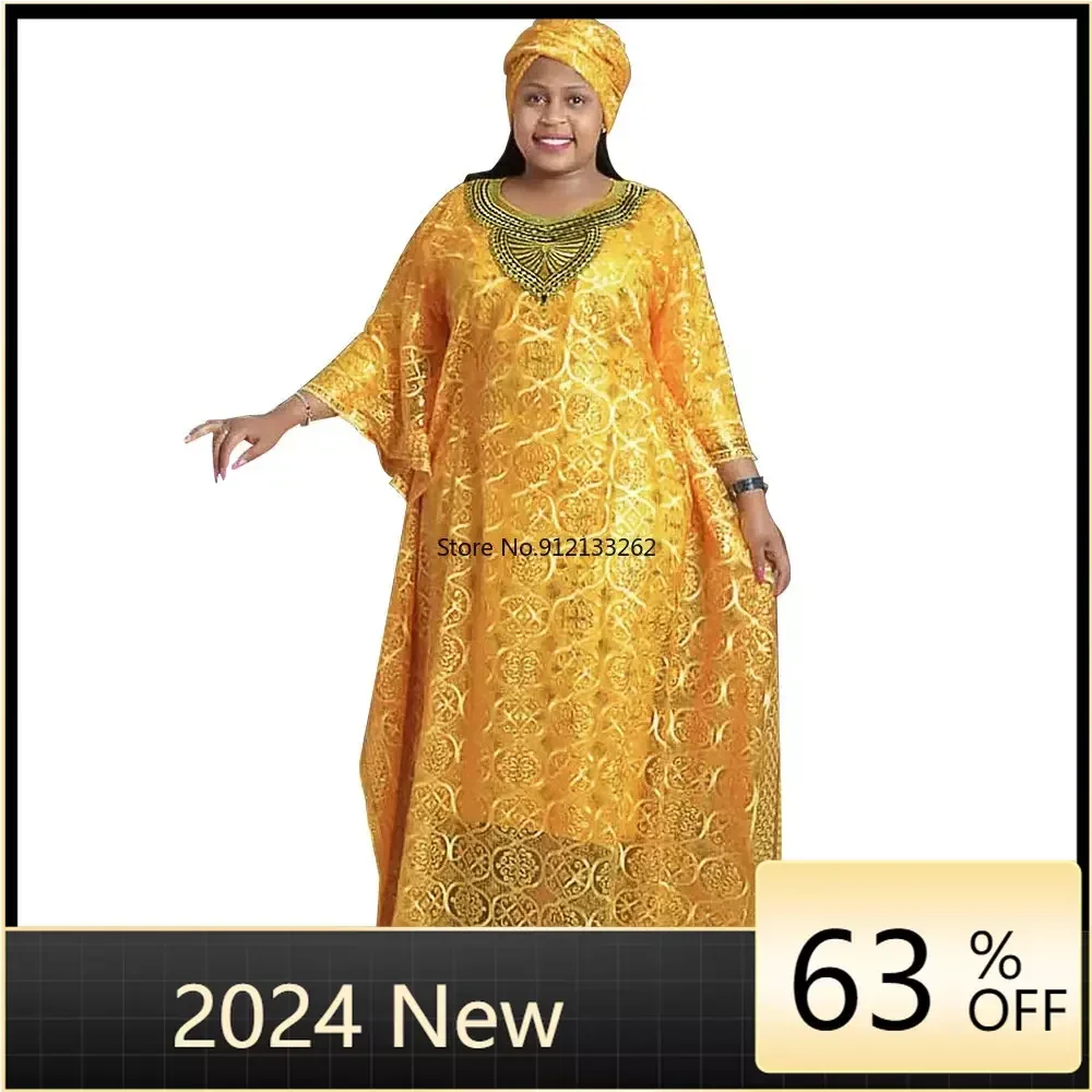 

Dashiki African Dresses for Women Spring Summer African Women Blue Yellow O-neck Long Dress Inner and Headtie African Clothes