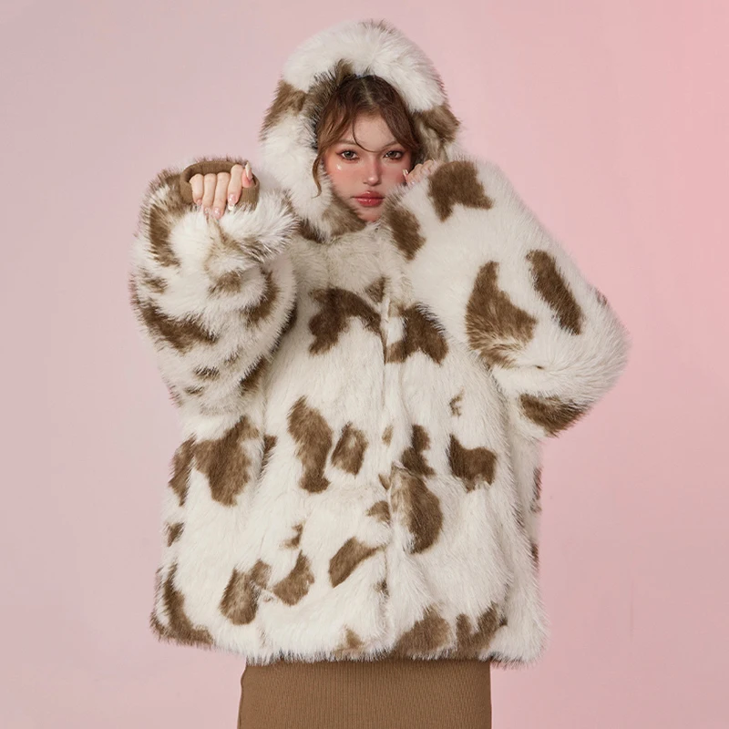Sweet Harajuku Y2k Fashion Girls Oversized Leopard Faux Fur Coat Women Winter Thicken Fox Fur Jacket Hooded Overcoat Outerwear