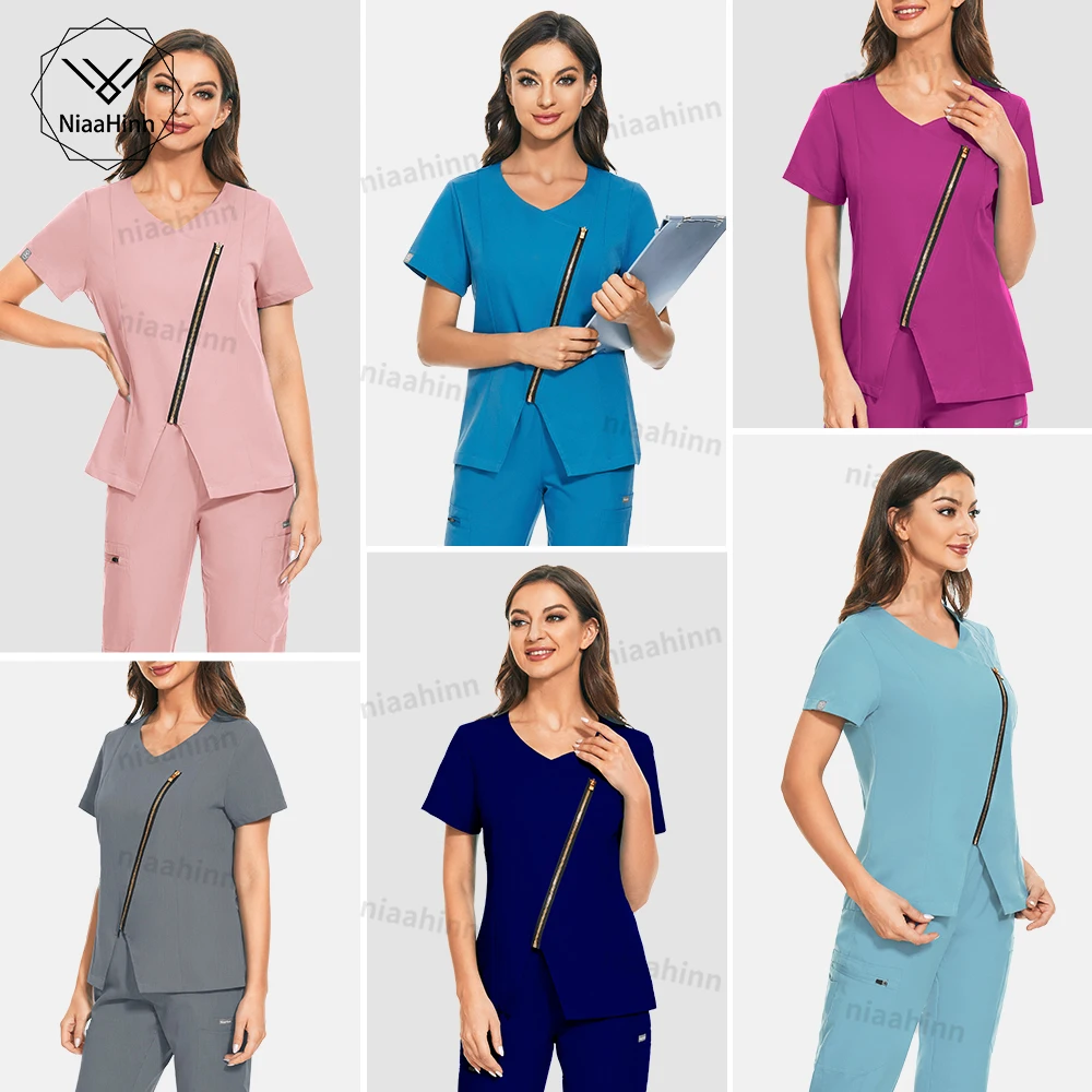 

Nursing Scrub Sets Wholesale Spandex Medical Scrubs Uniforms Set Short Sleeve Top Straight Pants Suit Veterinary Hospital Scrubs