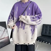 Men's Loose Large Size Knitted Sweater Winter Casual Crew Neck Casual Design Dyed Tie-Dye Hole Knitwear Outerwear
