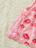 Lips Prints Pink Lace Sexy Lingerie Women See Through Babydoll Dress Slim Soft V Neck Side Opening Sleepwear Festival Gift - Image 5