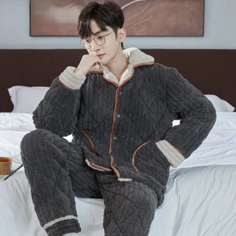 2024 New Winter Men Three-layer Cotton Coral Velvet Pajamas Thickened Warm Nightwear Loose Loungewear Flannel V-neck Sleepwear
