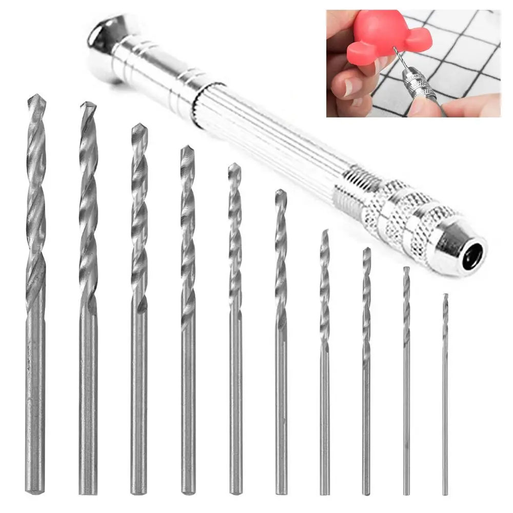 Mini Hand Drill Set with 10pcs High-speed Steel Twist Drill Bits Woodworking Drilling Rotary Tools Kit DIY Craft Manual Pin Vise