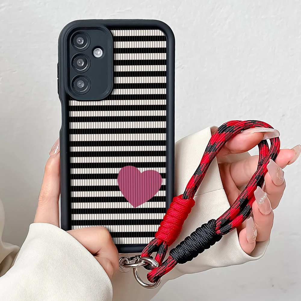 Stylish Stripe Pattern Wrist Chain Lanyard Case with Love Heart Design and Hanging Strap