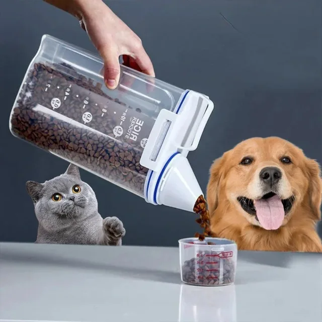 Sf84076f1bbc54052b2d45746f548fbd3s.jpg 2kg Dog Cat Food Pail Plastic Storage Tank with Measuring Cup Container Moisture-proof Sealed Jar Pet Supplies Accessories