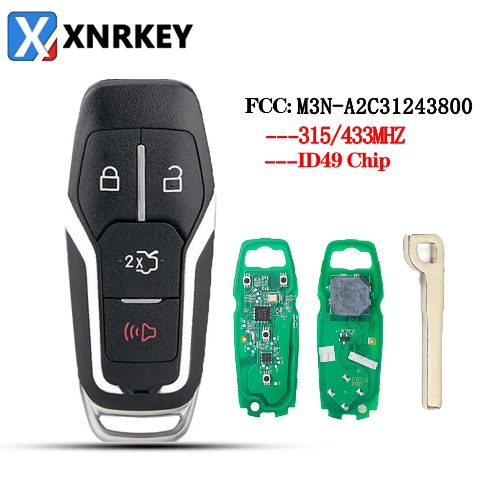 

XNRKEY 4 Button Remote Car Key ID49Chip 315/433Mhz for Ford Fusion Mustang Edge Explorer Mondeo Kuka 2013-2017 M3N-A2C31243800