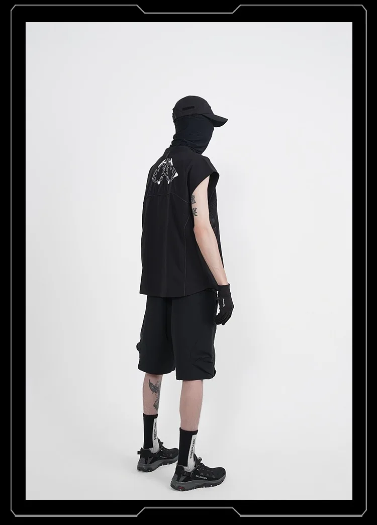 Whyworks 23ss summer sunsreen loose tank sleeveless t-shirt  stitching material dystopian print techwear aesthetic  warcore