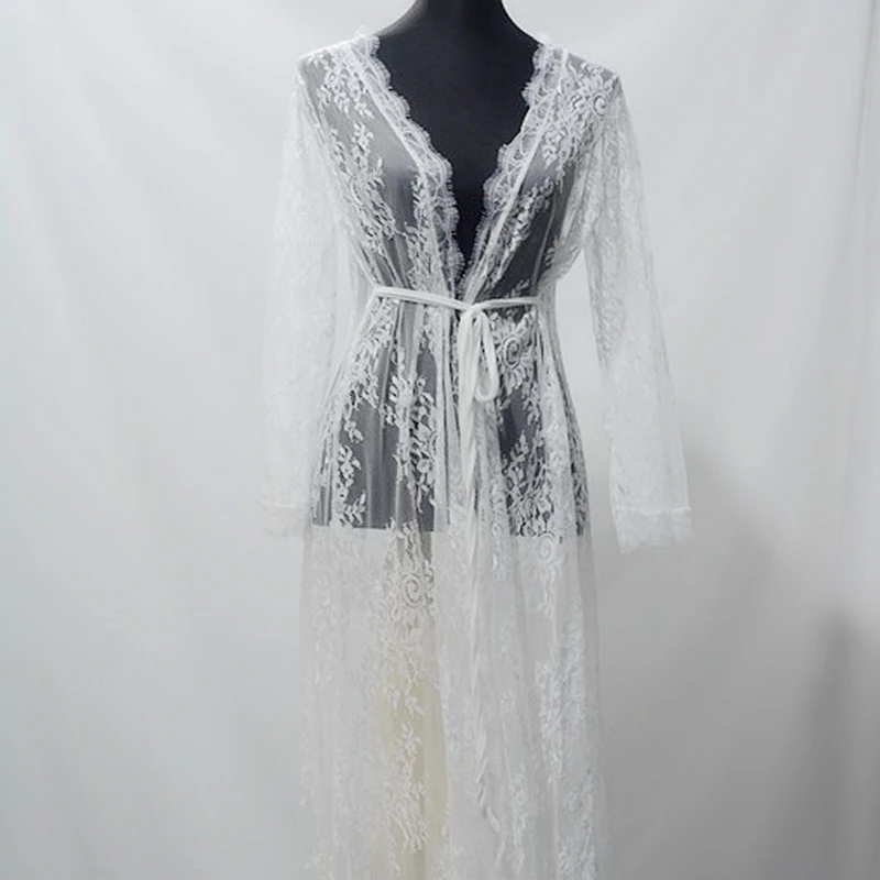 Women Bathrobes Long Nightgowns Lace Sheer Dress White Bridesmaid Robes Femme Sleepwear Kimono Bride Lingerie Porno Nightwear - 5