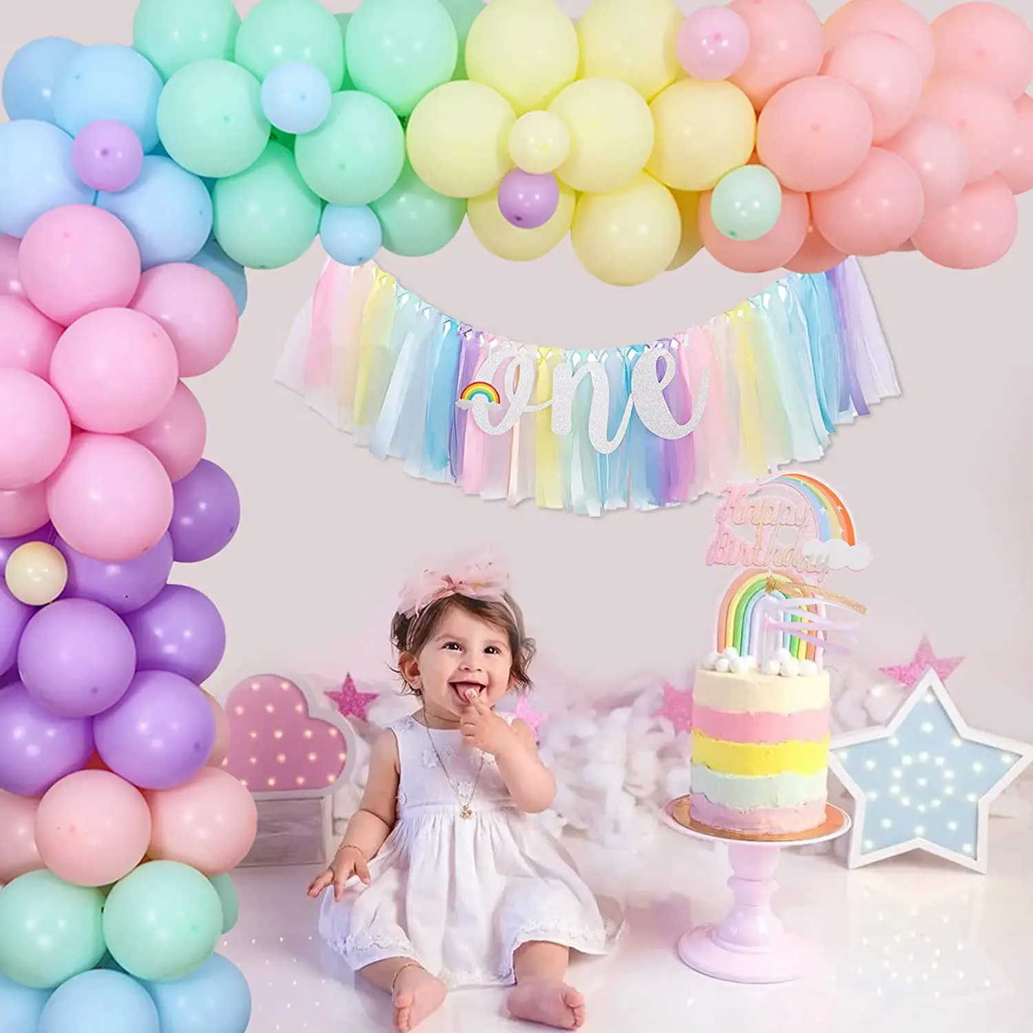 Rainbow 1st Birthday Party Decorations for Girls Macaron Balloons Garland  Arch Kits Pastel Rainbow Photo Banner First Birthday