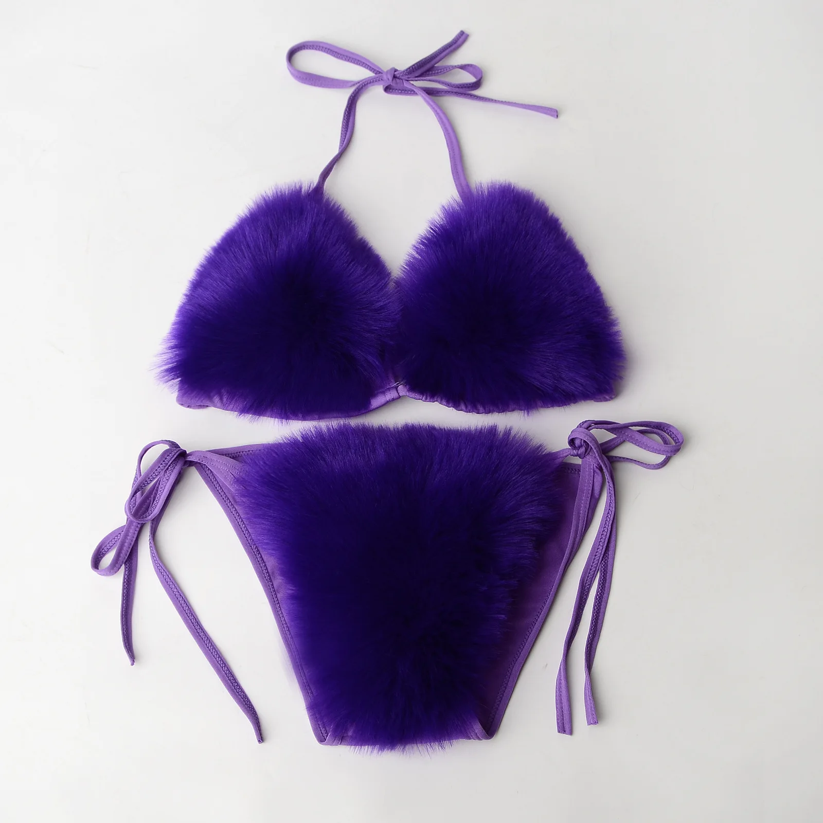 Women Fake Fox Fur Two Piece Swimsuits New Solid Bra Underwear