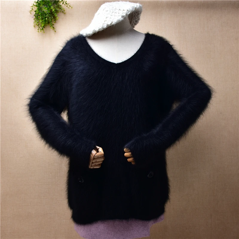 

Female Women Fall Winter Clothing Black Hairy Mink Cashmere Knitted V-Neck Long Sleeves Slim Blouses Pullover Jumper Sweater Top