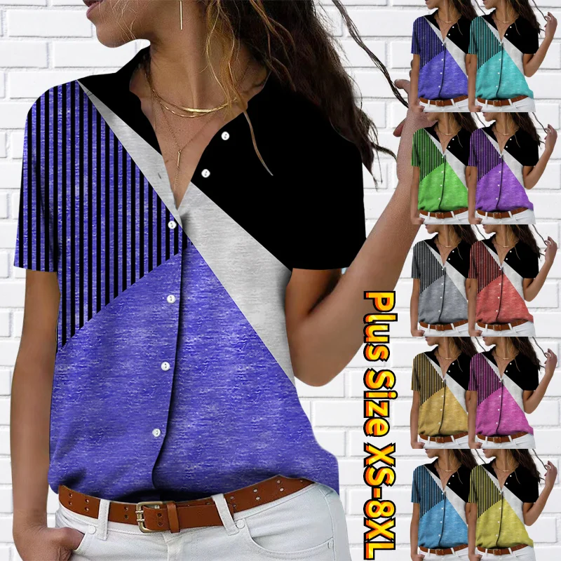 

Summer New Design Printing Button Tops Sexy V-neck Casual Button Shirt Women's Vintage Print Blouse Shirt Short Sleeve Tee