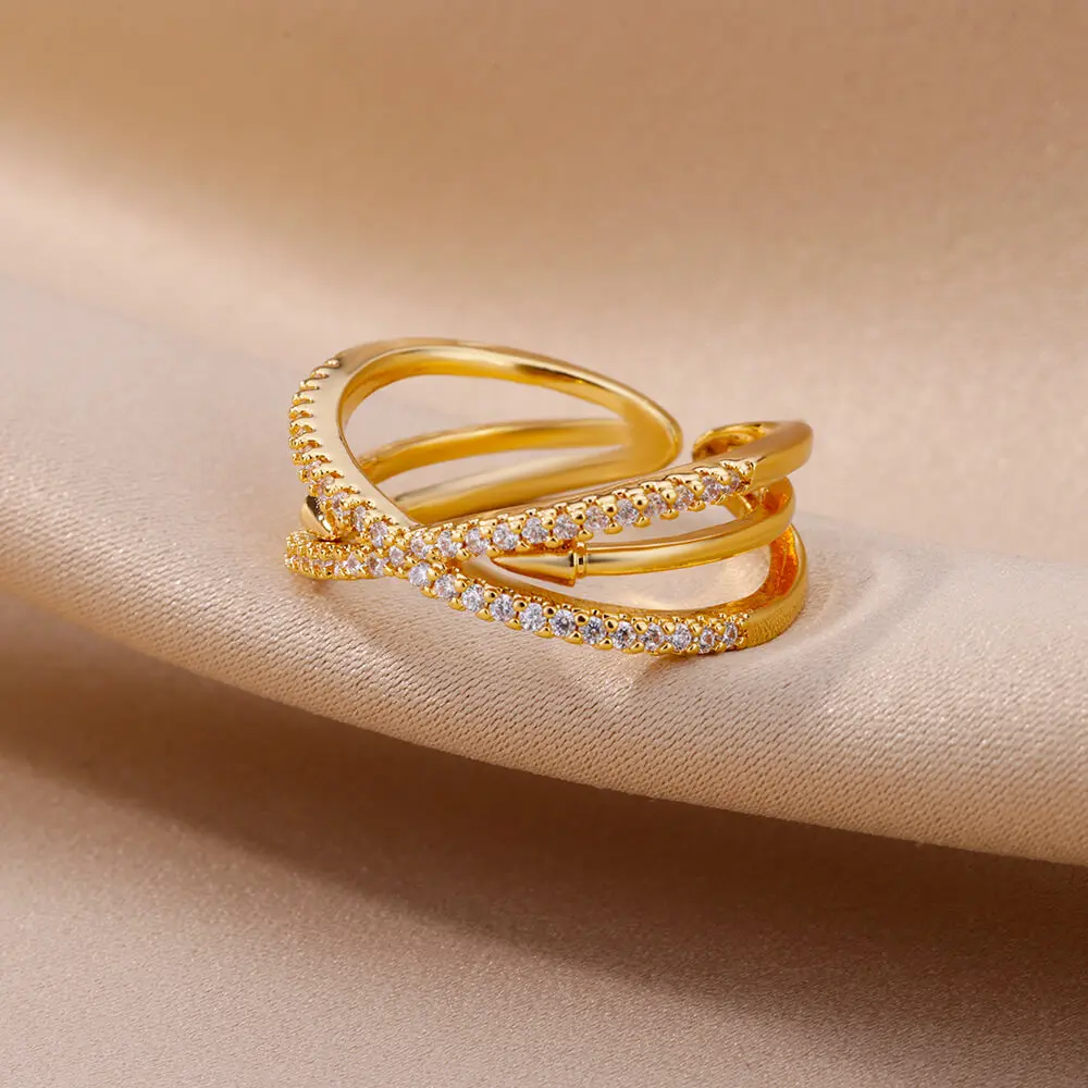 Zircon Cross Rings For Women Gold Plated Openning Stainless Steel