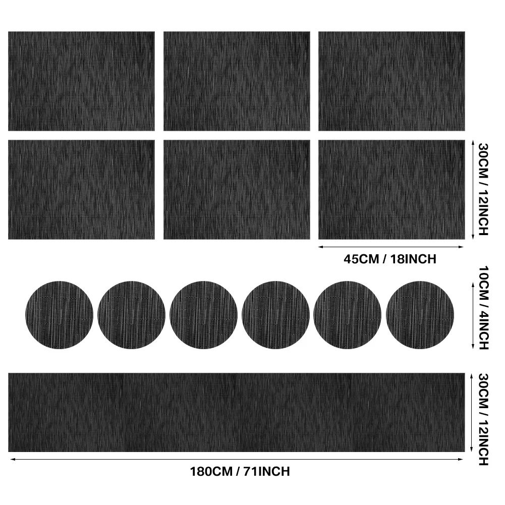Elegant Black Woven Vinyl Placemats and Coasters Set - Non-Slip, Washable Dining and Kitchen Table Accents (Set of 6)