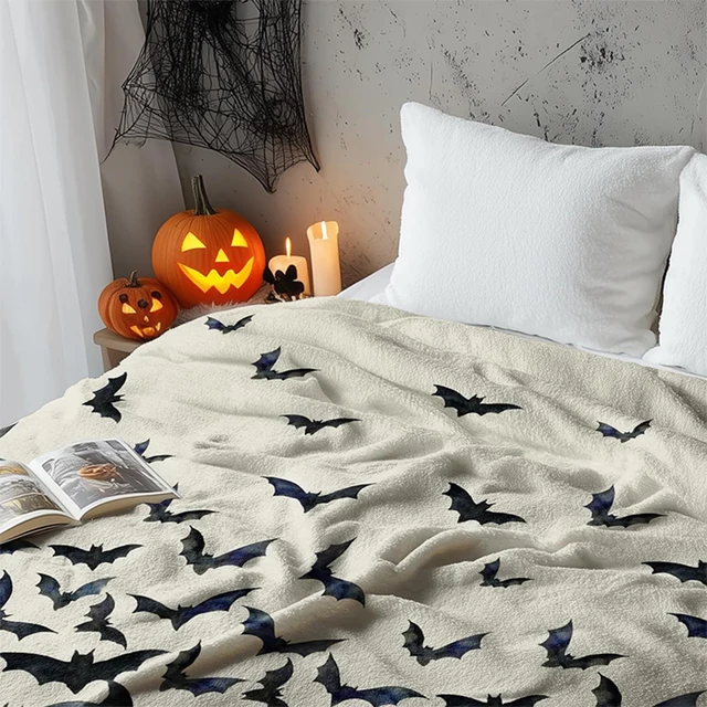 Couverture polaire d'Halloween imprimée chauve-souris effrayante : parfaite pour les nuits qui refroidissent! Couverture en flanelle, douce et confortable, cadeau 4