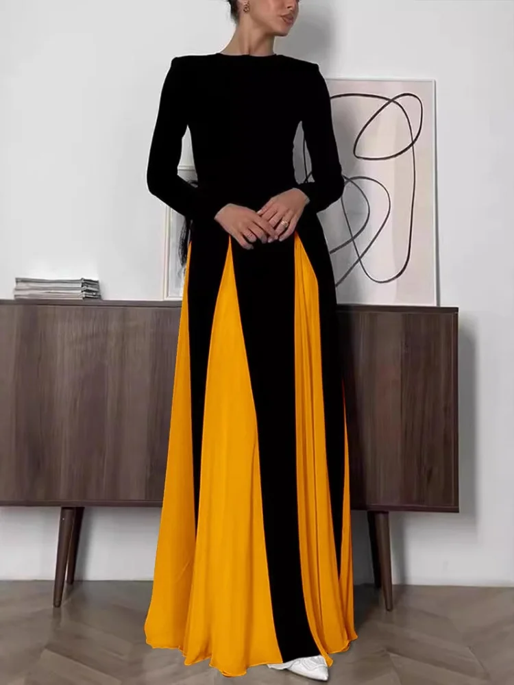 Wmstar 2025 New Women Fashionable Elegant Dress Tight A  Line Large Skirt Hem Long Sleeve Round Neck Dress Color Blocking