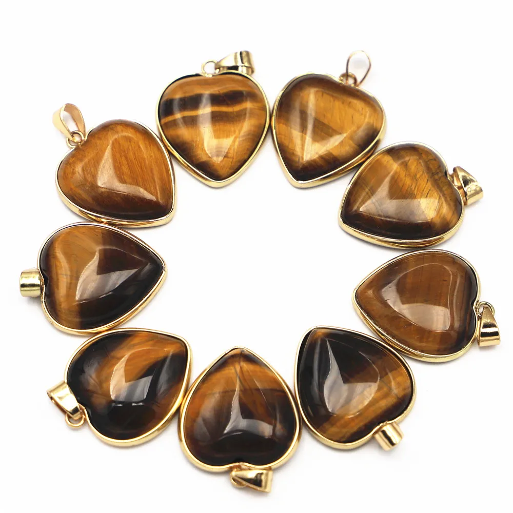 Good Quality Natural Tiger Eye Stone Gold Plate Side Heart Pendants 25mm for Men Jewelry Making Wholesale 12pcs Free Shipping