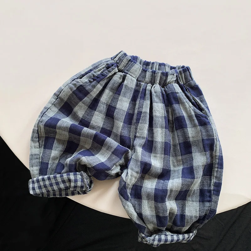 Boys' Blue Checkered Pants 2025 Spring and Autumn New Children's Korean Edition Trendy Children's Clothing Girls' Baby Pants